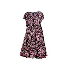 Perceptions Women Petite Floral Pink Fit Flare Midi Dress PM Short Sleeve NWT 17